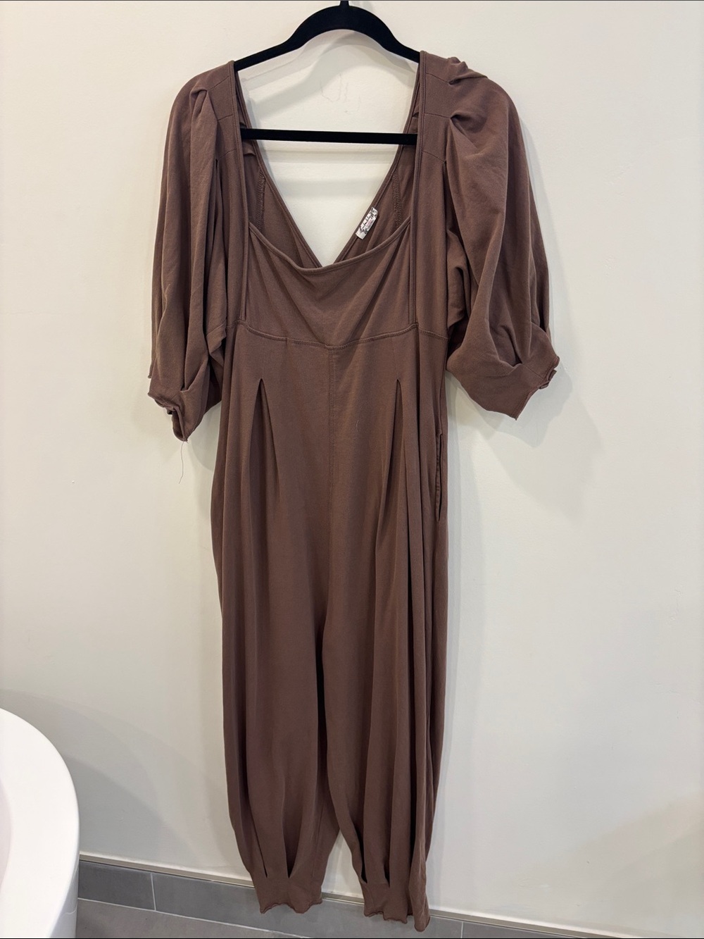 Free People Mauve-Brown Draped Long-Sleeve Jumpsuit - XS